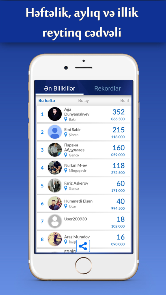 Leaderboard screen of the Yeni Milyoncu trivia app showing rankings and scores of top players.