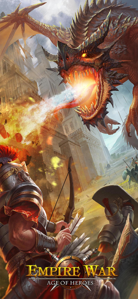 A fire breathing dragon attacking a stone fortress with roman style soldiers defending in Empire War Age of Heroes