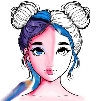 realistic girl with two buns on top of her head