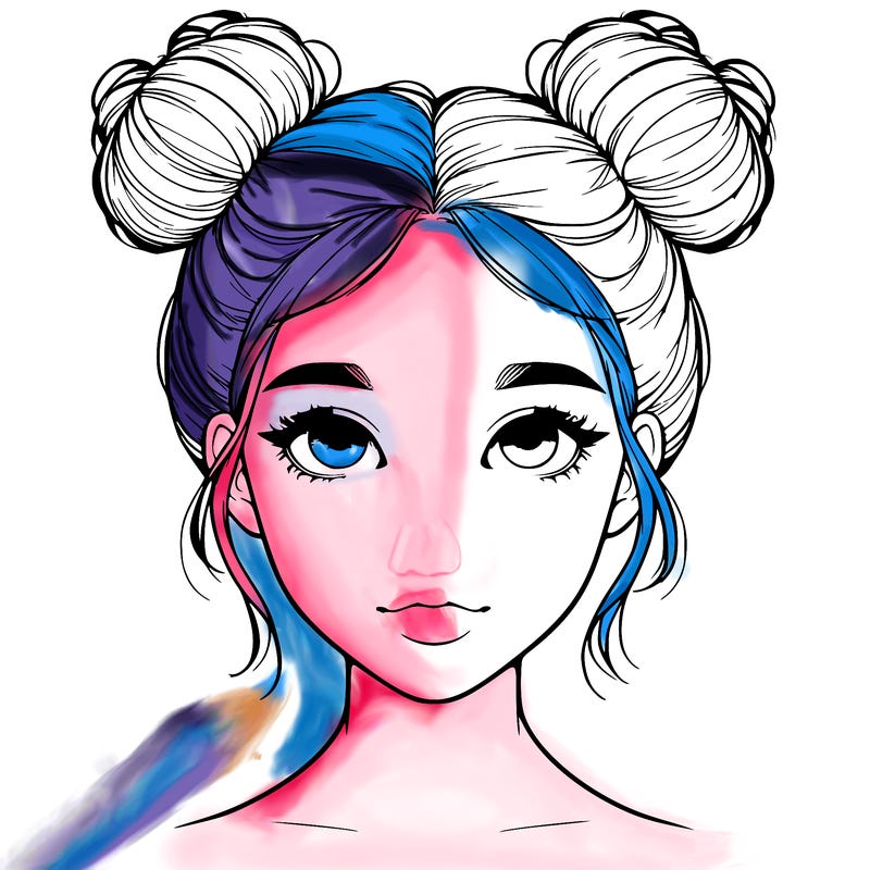 realistic girl with two buns on top of her head