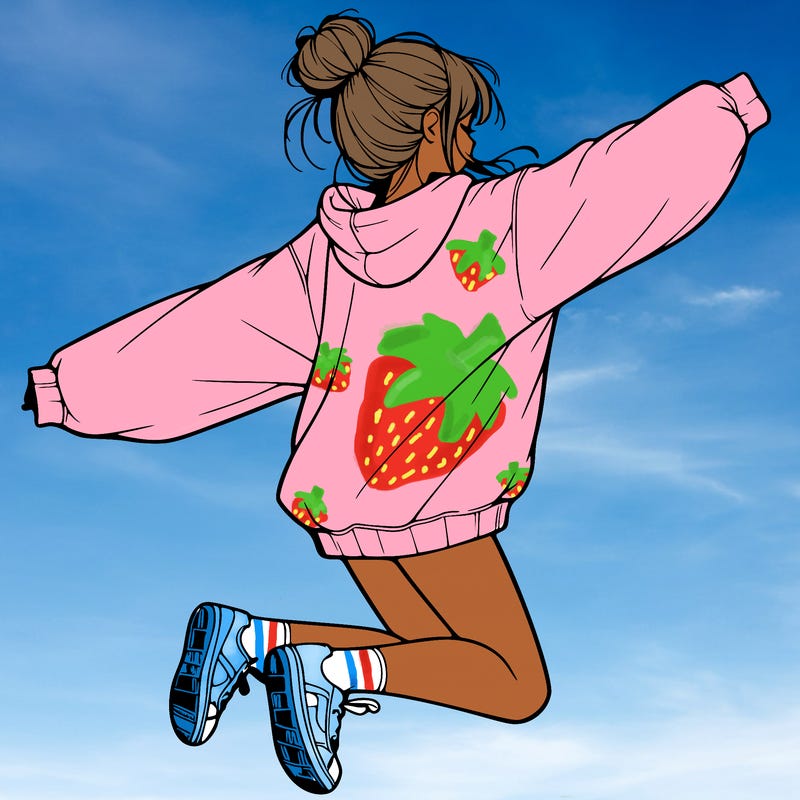 realistic girl jumping with a bun and oversized sweatshirt