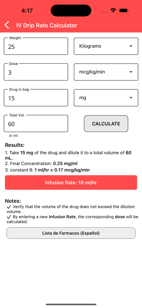 Interface of the PediaTools app showing the IV drip rate calculator with weight-based dose results for a pediatric patient.