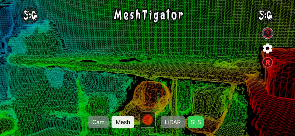 MeshTigator - Interface of MeshTigator app showing a 3D wireframe mesh scan of a room.