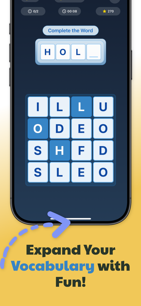 Mind Master: Brain Tests - Captura de pantalla de una aplicación móvil que muestra un juego de completar palabras para mejorar el vocabulario