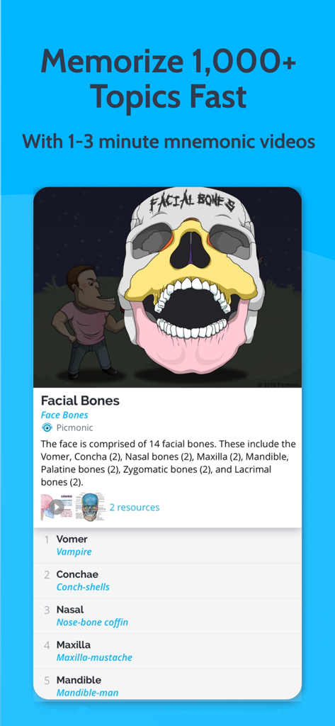Picmonic Medical School Study - Picmonic app screen showing a visual mnemonic lesson for memorizing facial bones with anatomical illustrations and memory anchors