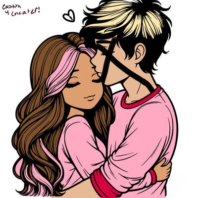 a realistic couple boy and girl hugging and kissing