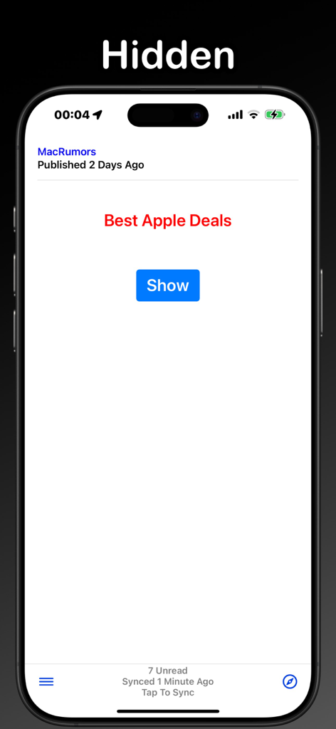 RSS-Filter app interface displaying a hidden news article with a Show button