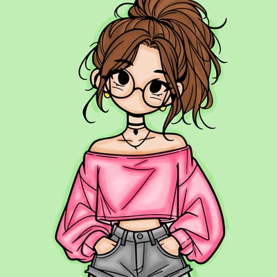 girl with a messy ponytail glasses a baggy crop top and jean shorts