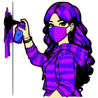 realistic girl with mask spray painting a wall