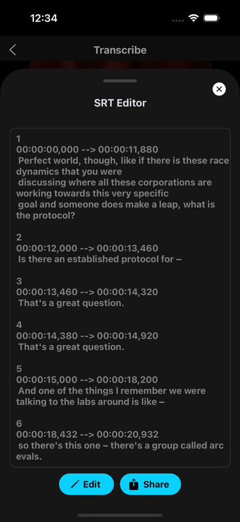 시간 스탬프와 전사된 텍스트 세그먼트가 있는 SRT 자막 편집기를 보여주는 모바일 앱 인터페이스.