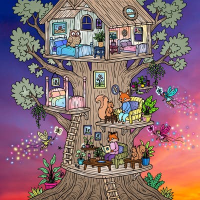 an animal family that lives in a tree.  there are fairies flitting around.  the home in the tree includes bedrooms, furniture,  plants, pictures on the wall.