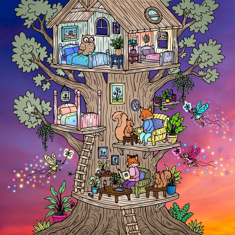 an animal family that lives in a tree.  there are fairies flitting around.  the home in the tree includes bedrooms, furniture,  plants, pictures on the wall.
