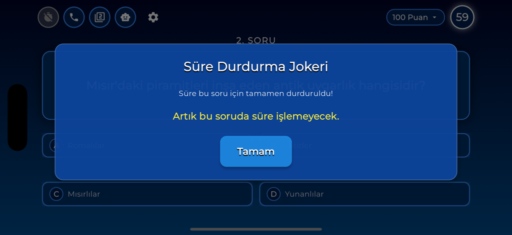 Bilgi Metre! - Interfaz del juego de trivia Bilgi Metre que muestra la ventana emergente de la función Comodín Detenr Tiempo