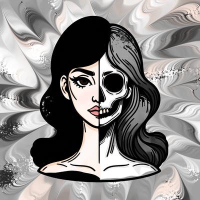 bust of a woman, half face and hair, half skull