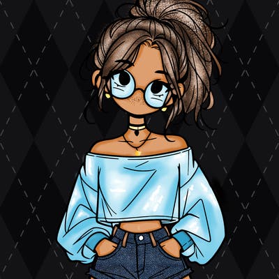 girl with a messy ponytail glasses a baggy crop top and jean shorts