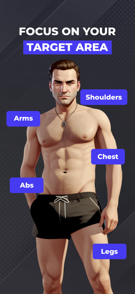 Fitcher app screen showing targeted workout areas on a muscular male figure.