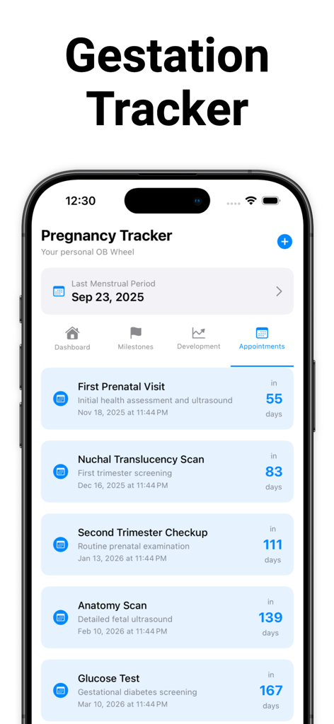 OB Pregnancy Calculator - OB Pregnancy Calculator app interface showing a list of prenatal appointments and gestation milestones
