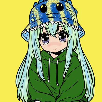 girl with anime shaped eyes with a dinosaur bucket hat oversized sweatshirt long straight hair