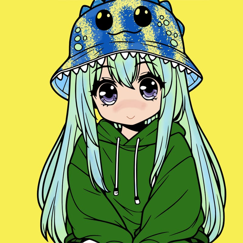 girl with anime shaped eyes with a dinosaur bucket hat oversized sweatshirt long straight hair