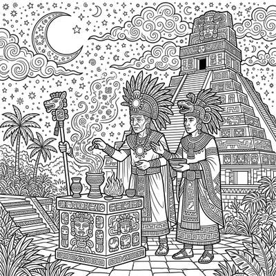Step into an ancient world with this stunning coloring page featuring two Mayan priests performing a sacred night ritual. Explore the intricate details of their attire and the mystical pyramid under a starry sky.