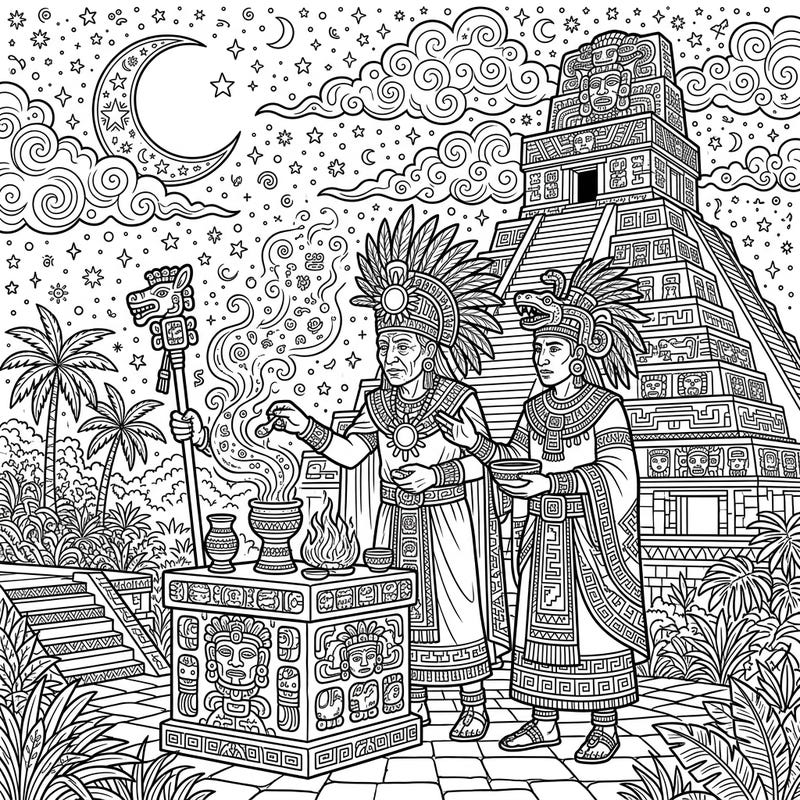 Step into an ancient world with this stunning coloring page featuring two Mayan priests performing a sacred night ritual. Explore the intricate details of their attire and the mystical pyramid under a starry sky.