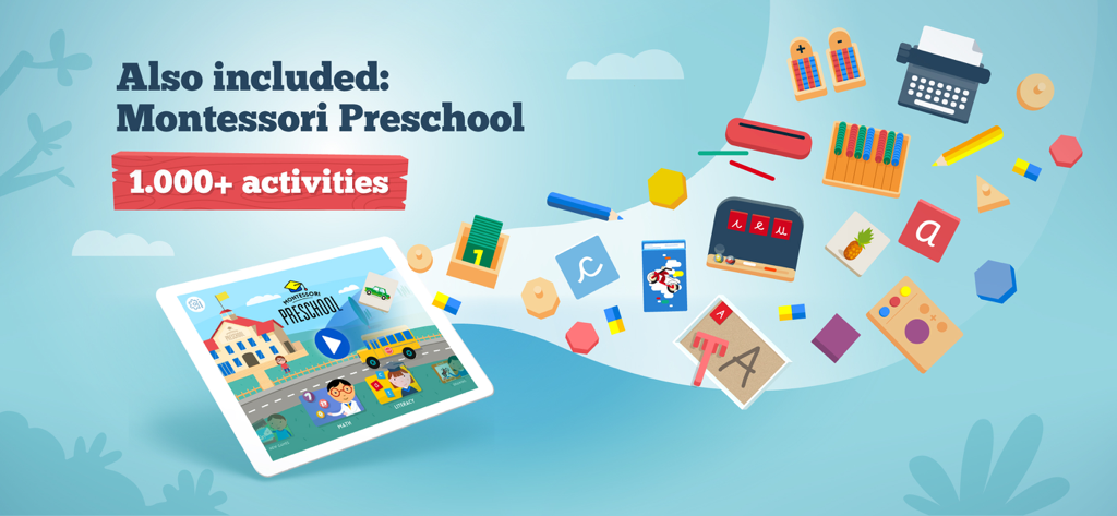 Un iPad que muestra la interfaz de la aplicación Montessori Preschool con varios iconos educativos flotando a su alrededor.