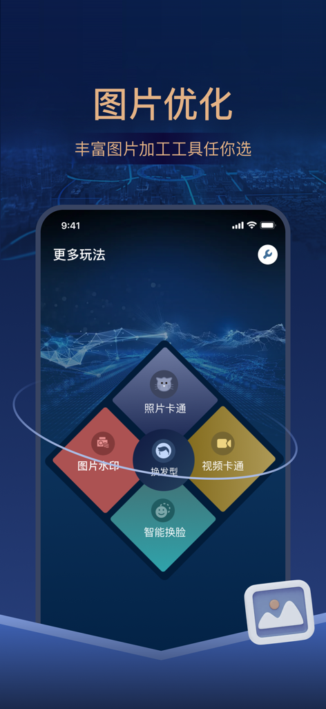 Interfaz de la aplicación Le Ying Camera mostrando herramientas creativas de IA para intercambio de rostros, cambios de peinado y filtros de dibujos animados.