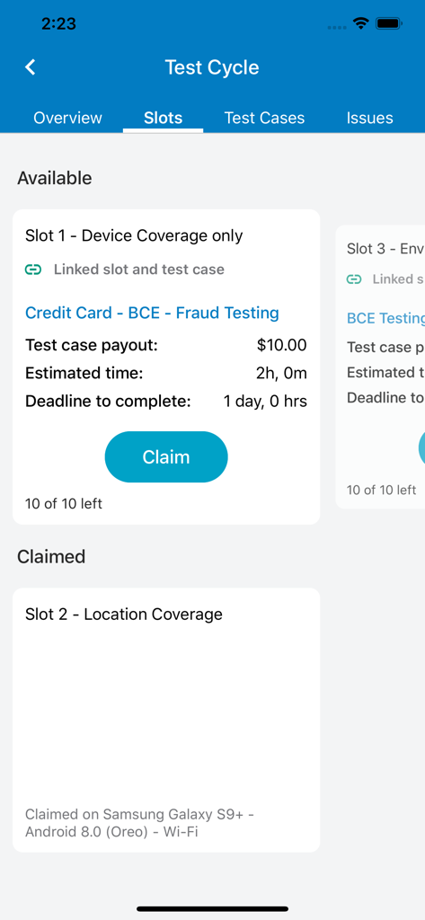 Interfaz de la aplicación uTest que muestra las franjas horarias de pruebas disponibles y reclamadas para pruebas de software móvil.