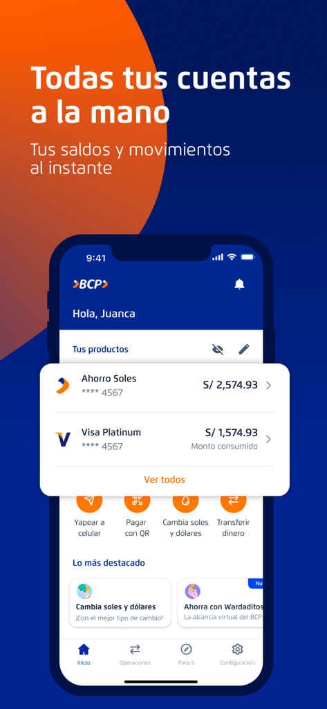 Mobile app interface of Banca Movil BCP showing savings account balances in Soles and quick action buttons for transfers and currency exchange.