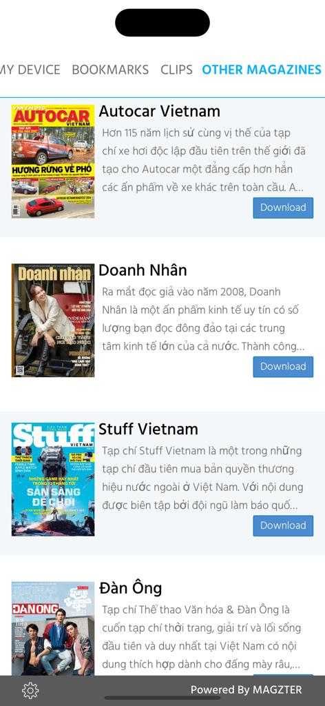 A list of other Vietnamese magazines available for download in the app interface including Autocar and Doanh Nhan