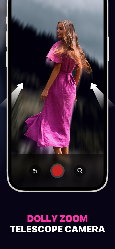 Interfaz de la aplicación que muestra el efecto Dolly Zoom cinematográfico en una mujer con un vestido morado.