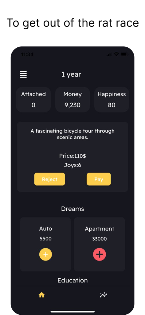 CashFlow Game - Schermata dell'app Gioco CashFlow che mostra il gameplay di educazione finanziaria con statistiche monetarie e obiettivi di investimento.