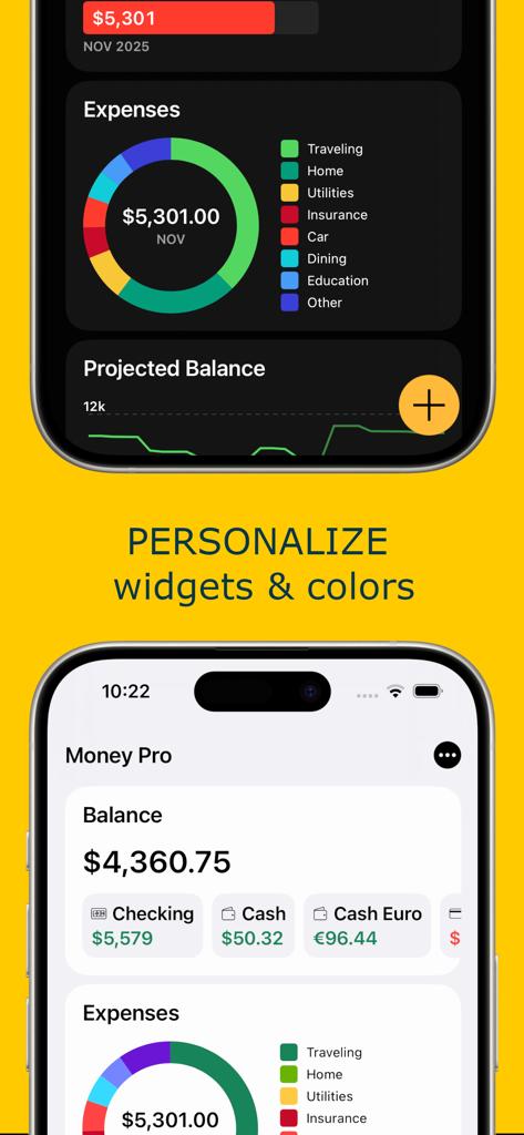 Money Pro 앱 대시보드가 밝은 모드와 어두운 모드 모두에서 개인화된 위젯과 지출 추적 차트를 보여줍니다.