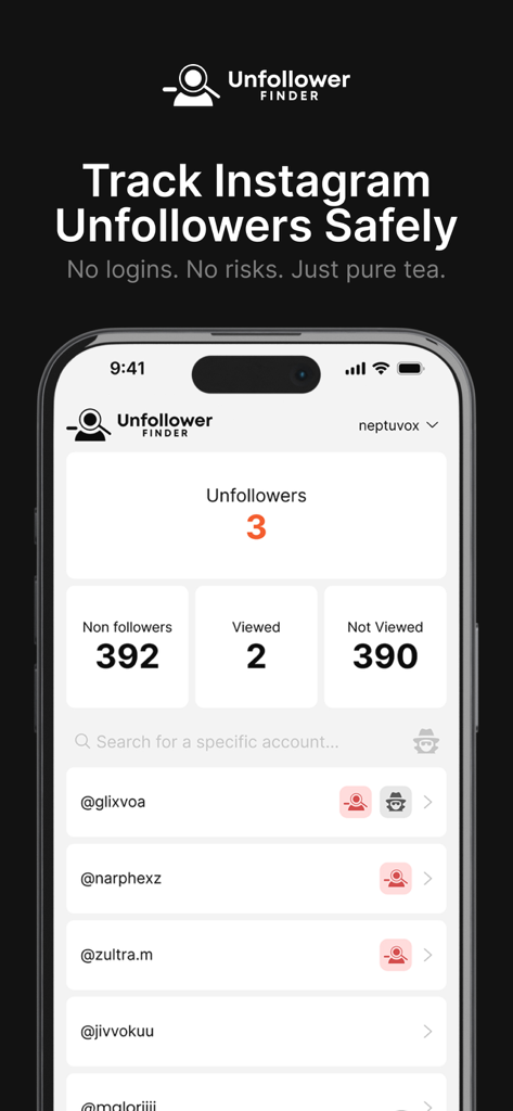 Unfollower Finder - Tracker - Mobile app interface of Unfollower Finder showing Instagram follower analytics and a list of accounts that unfollowed the user.