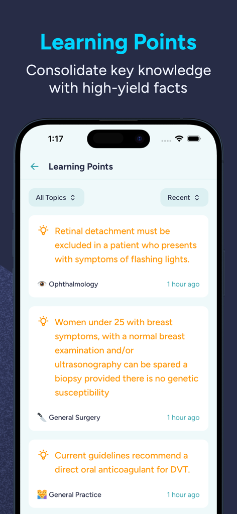 eMedici medical education app screen showing clinical learning points and high yield facts for students and doctors.