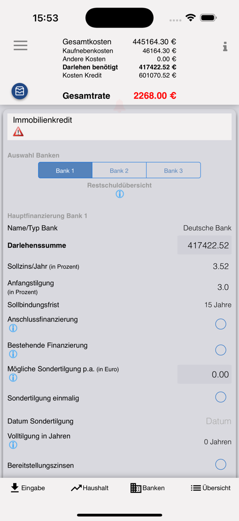 DER Gehaltsrechner - Interface móvel de uma calculadora de empréstimo imobiliário e hipoteca alemã mostrando custos totais e opções de financiamento bancário