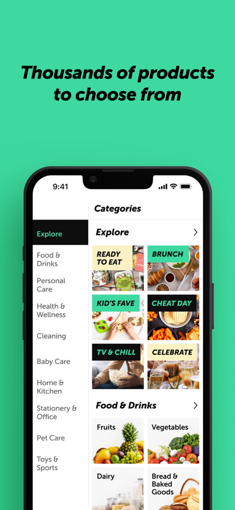 Superstore Fiji mobile app screen showing shopping categories for food and household items