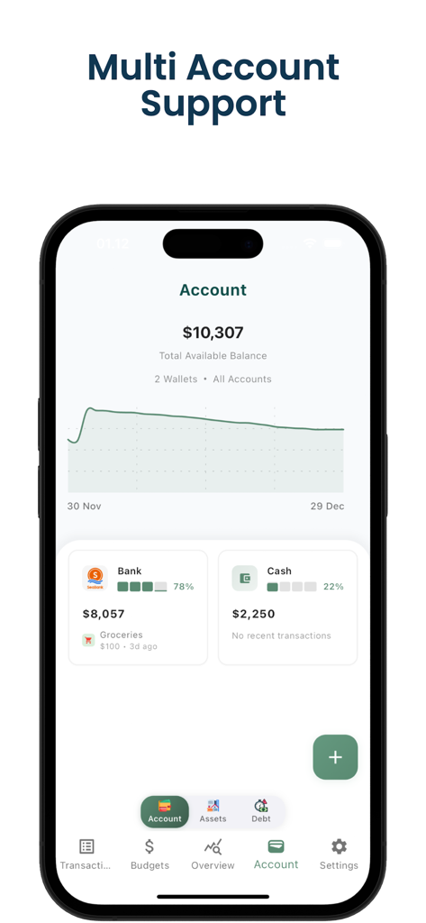 Money Manager: Daily Expenses - Interface do aplicativo Money Manager mostrando suporte a várias contas com saldos bancários e em dinheiro e um gráfico de tendências de saldo.