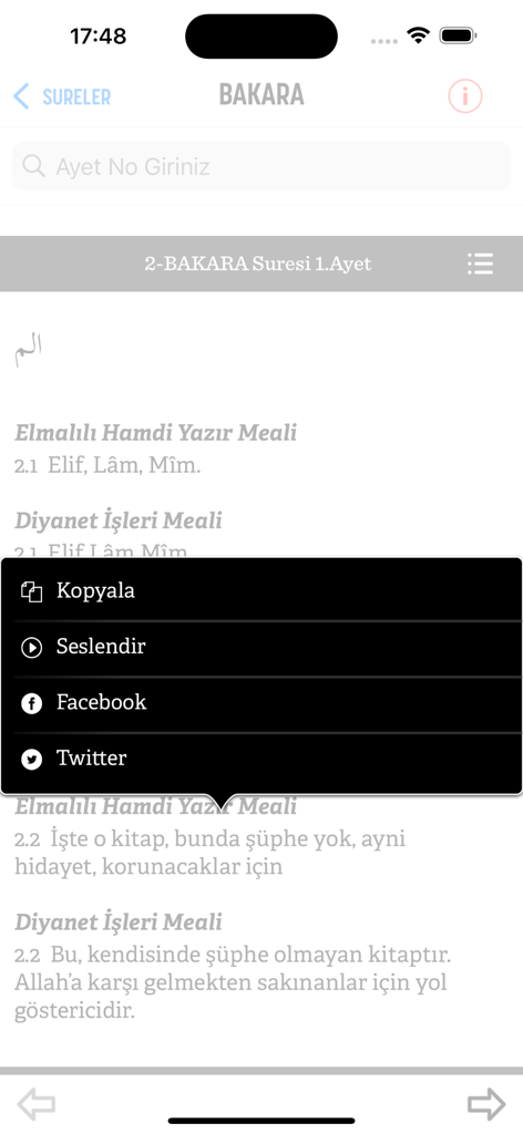İkra Kuran Meal Uygulaması - Interface of the Ikra Kuran Meal mobile app displaying Quranic verses in Turkish with a pop-up menu for copying, listening, or sharing to Facebook and Twitter.