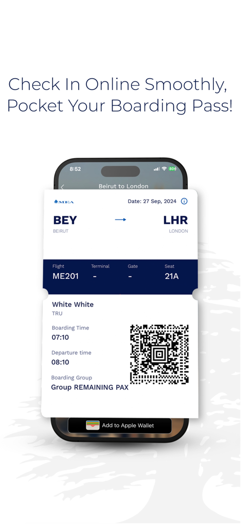 Middle East Airlines - MEA - Middle East Airlines mobile app showing a digital boarding pass with an Add to Apple Wallet button
