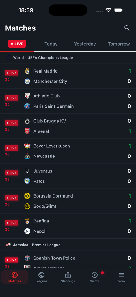 Live football scores interface on Yacine TV app showing UEFA Champions League matches