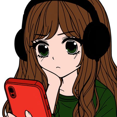 girl staring down at her phone with headsets