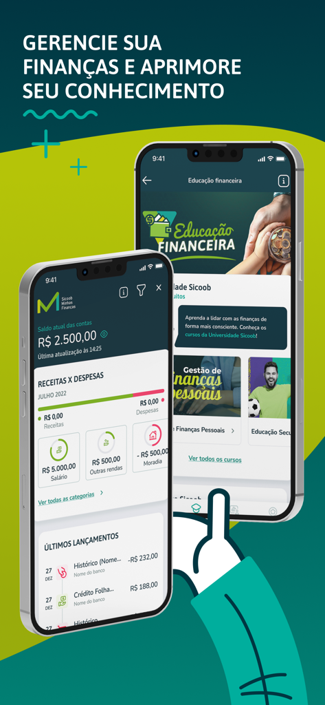 Dos teléfonos móviles mostrando las pantallas de gestión y educación financiera de la aplicación Sicoob