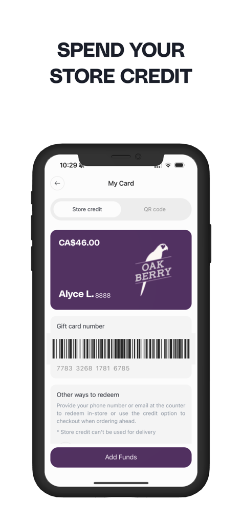 OAKBERRY CA - Oakberry CAアプリのモバイル画面。ストアクレジット残高とバーコードが表示されたデジタルパープルギフトカード。
