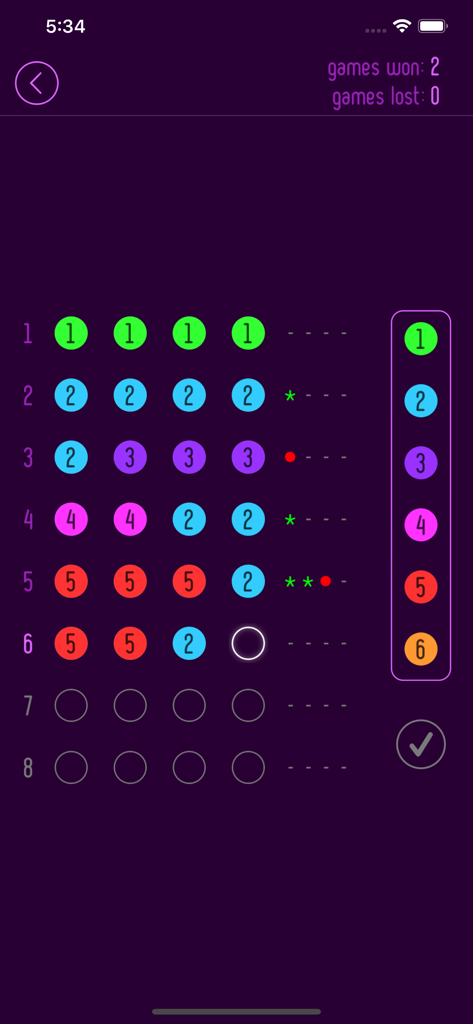 Gameplay screen of the Break the Code logic puzzle showing rows of colored circles and deductive reasoning hints