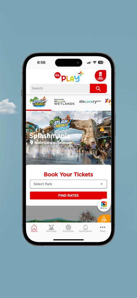 GL Play - GL Play mobile app home screen showing SplashMania park and ticket booking interface