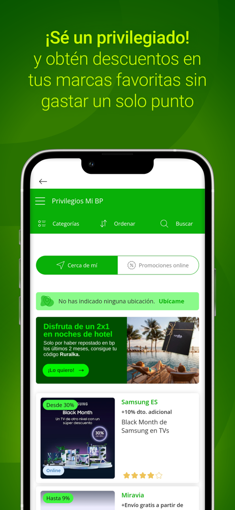 miBP ofertas y puntos gasolina - Smartphone screen of the miBP app showing exclusive partner discounts and privileges.