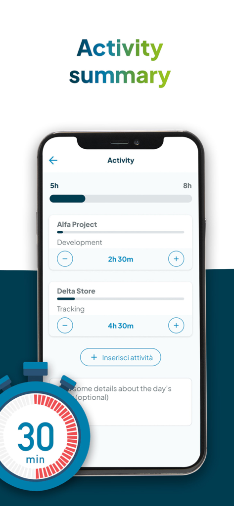 Fluida.io - Fluida app activity summary screen showing time spent on different projects and daily work hours tracking