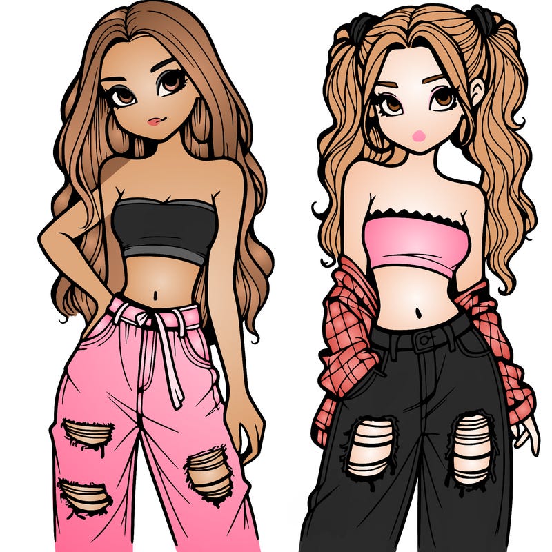 2 girls in crop tops and baggy jeans ripped