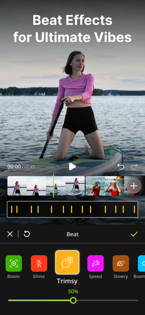 BeatMix app interface showing music synchronized beat effects for a social media video reel.
